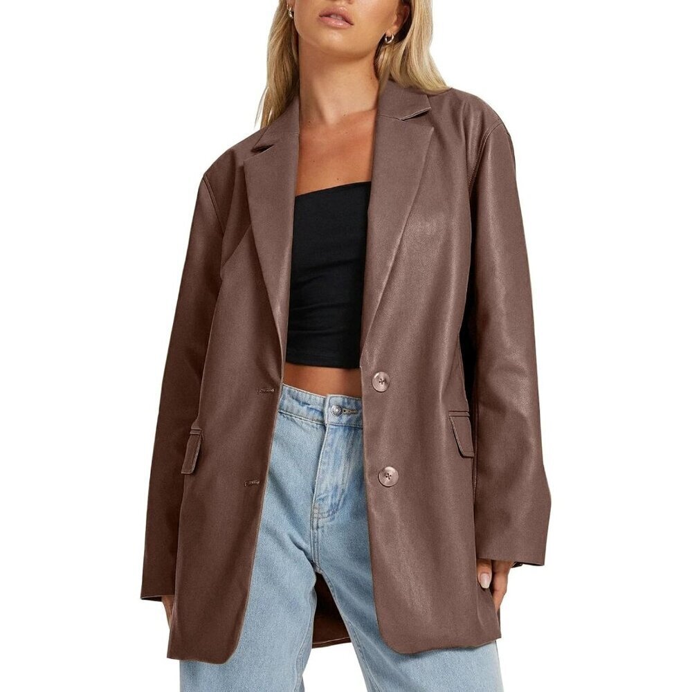 AUTOMET Womens Leather Jackets Brown Faux Bomber Winter Coat Fashion 2024
